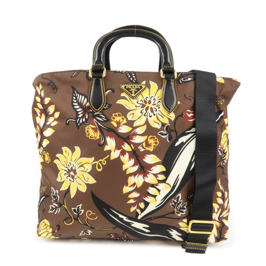 PRADA Triangle Logo Nylon Leather 2Way Bag Shoulder Bag Hand Bag Floral Print Brown Yellow BN2741  d
