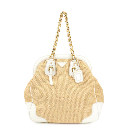 PRADA Triangle Leather Raffia Shoulder Bag Straw Bag Beige BR3693  d