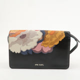 PRADA Flower Print Saffiano Leather Shoulder Bag Hand Bag Black