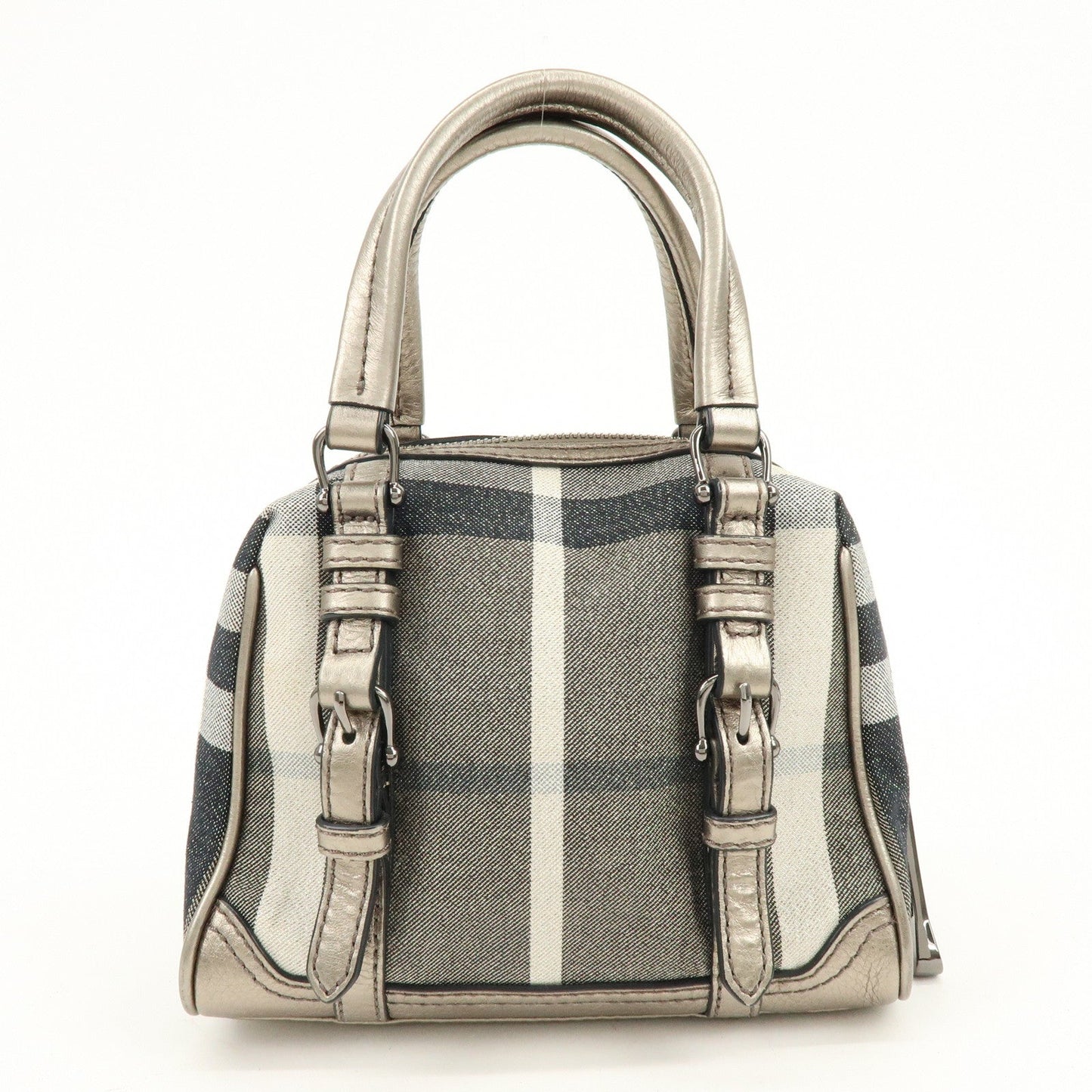 BURBERRY Plaid Canvas Leather Hand Bag Gray Champagne Gold