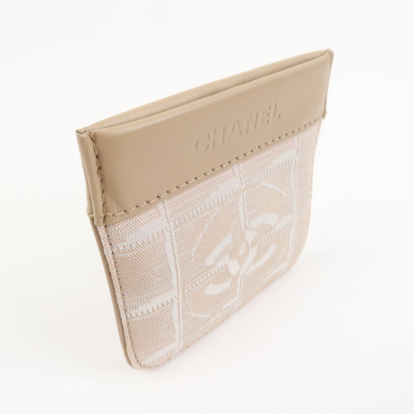 CHANEL New Travel Line Nylon Jacquard Leather Coin Case Greige
