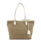PRADA Logo Jacquard Leather Tote Bag Hand Bag Beige Ivory 1BG158