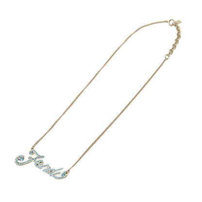 FENDI Logo Metal Rhinestone Necklace Gold Light Blue