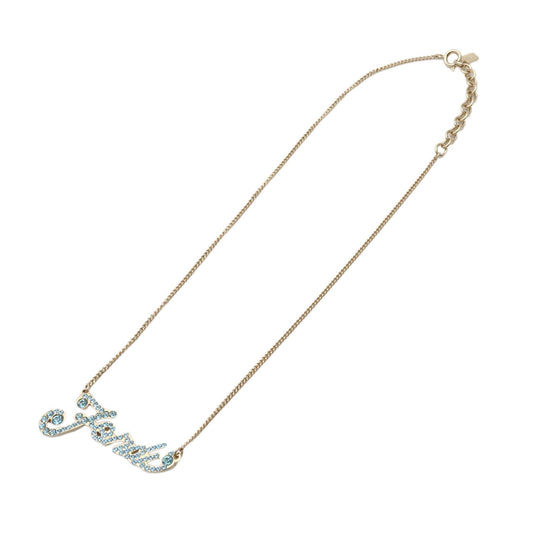 FENDI Logo Metal Rhinestone Necklace Gold Light Blue
