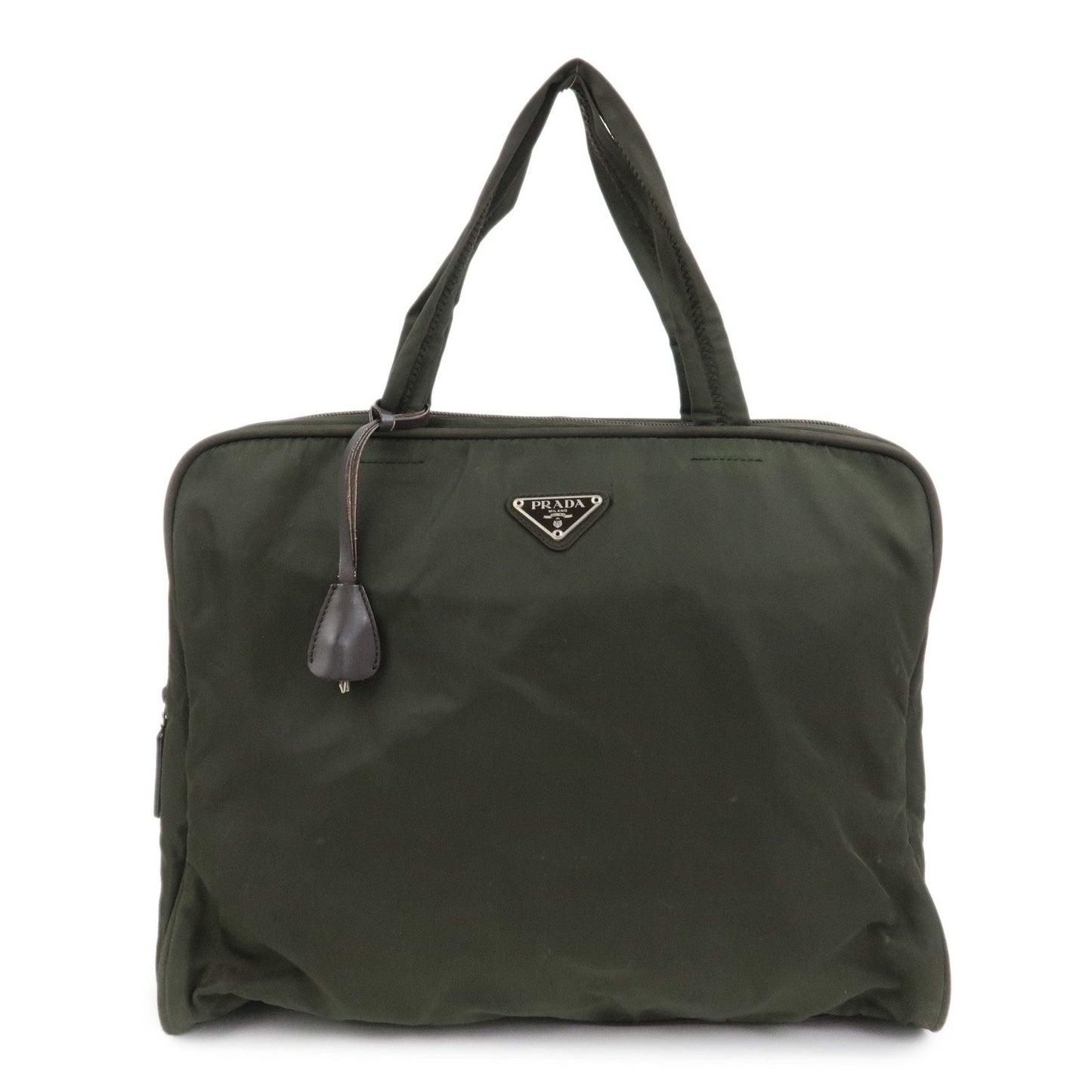 PRADA Triangle Logo Nylon Brief Case Tote Bag Khaki B8493