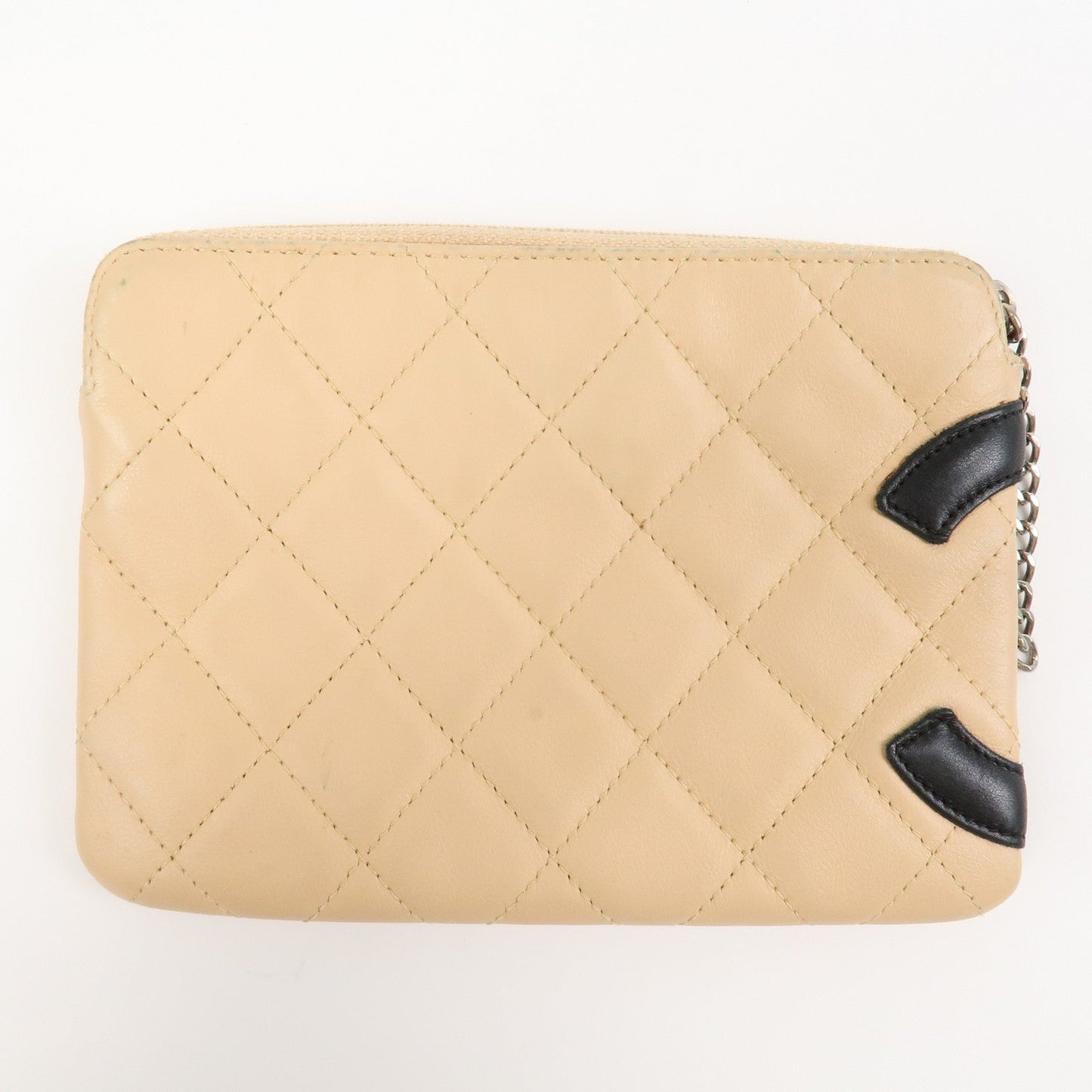 CHANEL Cambon Line Lamb Skin Cosmetic Pouch Makeup Bag Beige Black