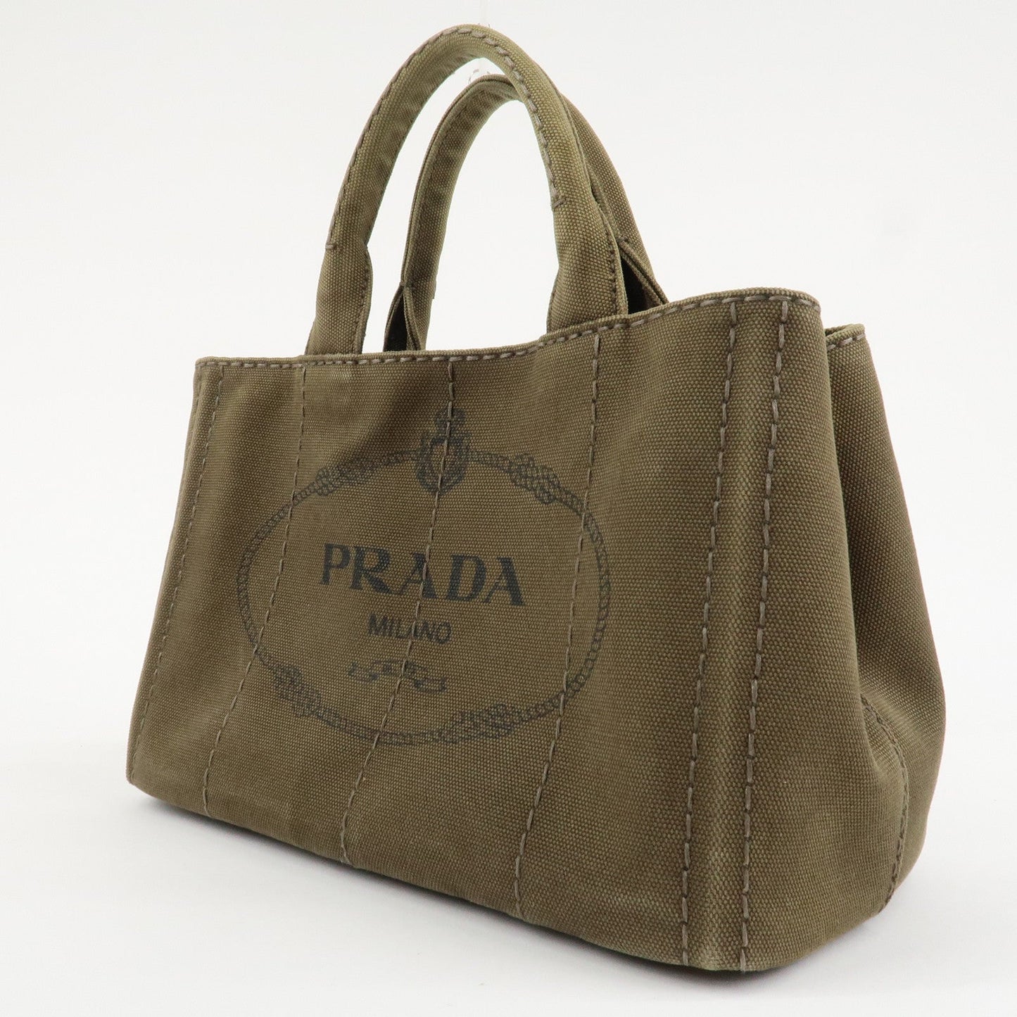 PRADA Logo Canapa Mini Canvas Tote Bag Hand Bag Khaki BN2439  d