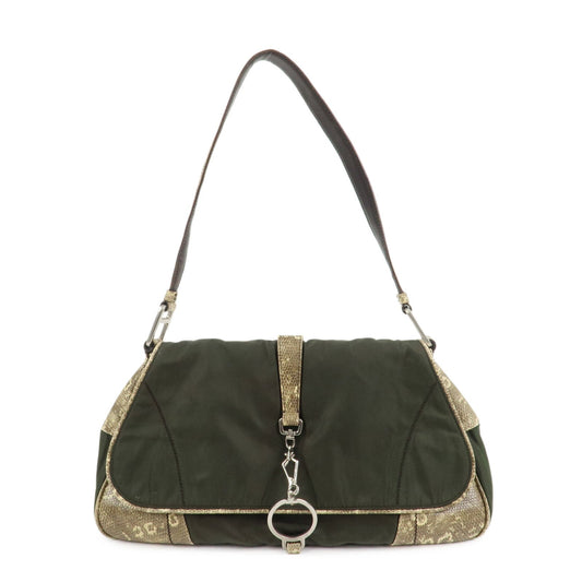 PRADA Triangle Logo Nylon Shoulder Bag Hand Bag Khaki B10738