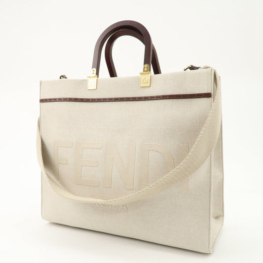 FENDI Leather Canvas Sunshine Medium Tote Bag Natural 8BH386