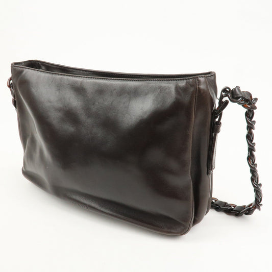 PRADA Logo Suede Leather Plastic Chain Shoulder Bag Brown