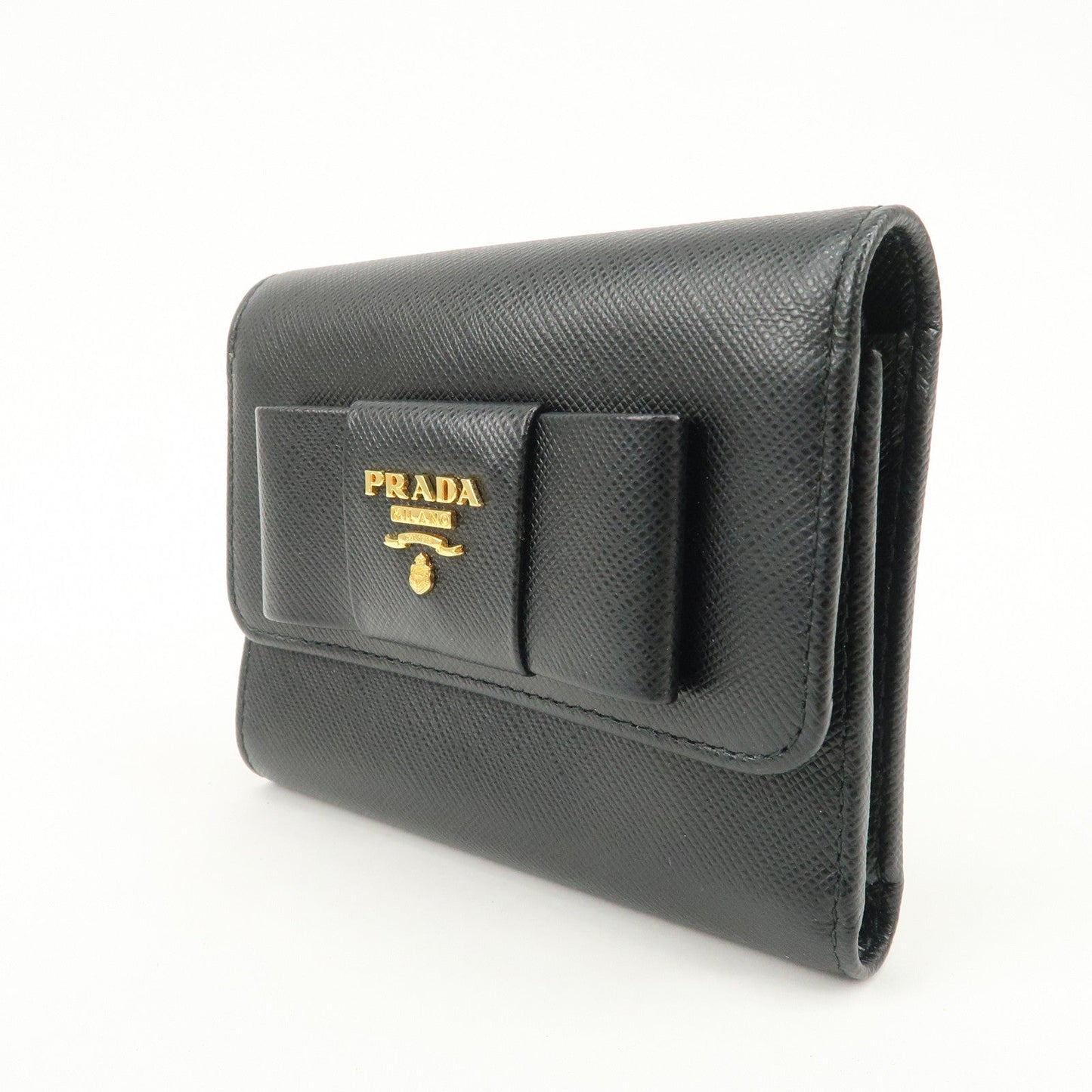 PRADA Leather Ribbon Tri-fold Wallet Black 1MH840  d