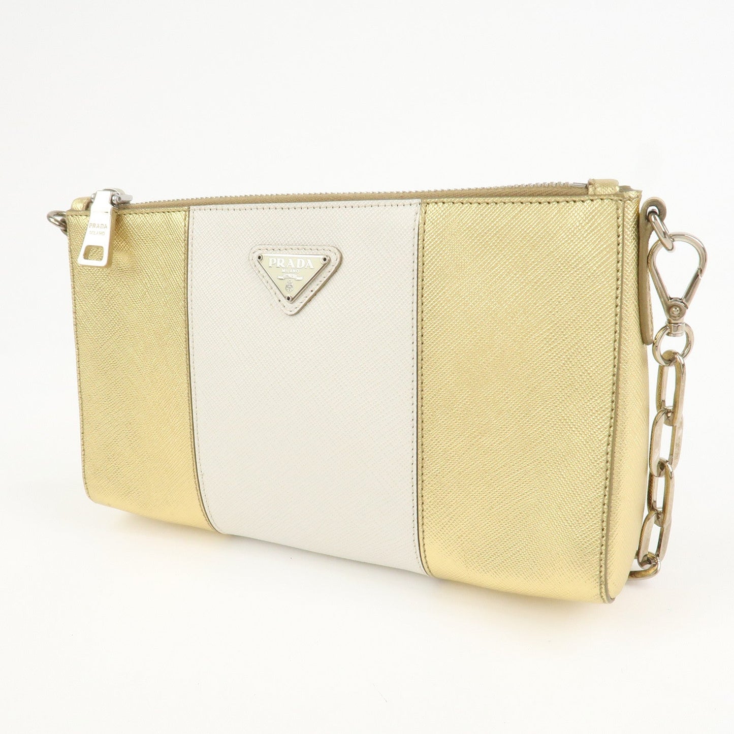PRADA Logo Leather Crossbody Chain Shoulder Bag Gold BT947C