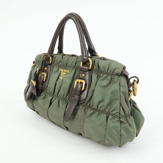 PRADA Nylon Leather Gathered 2Way Bag Hand Bag Khaki BN1407