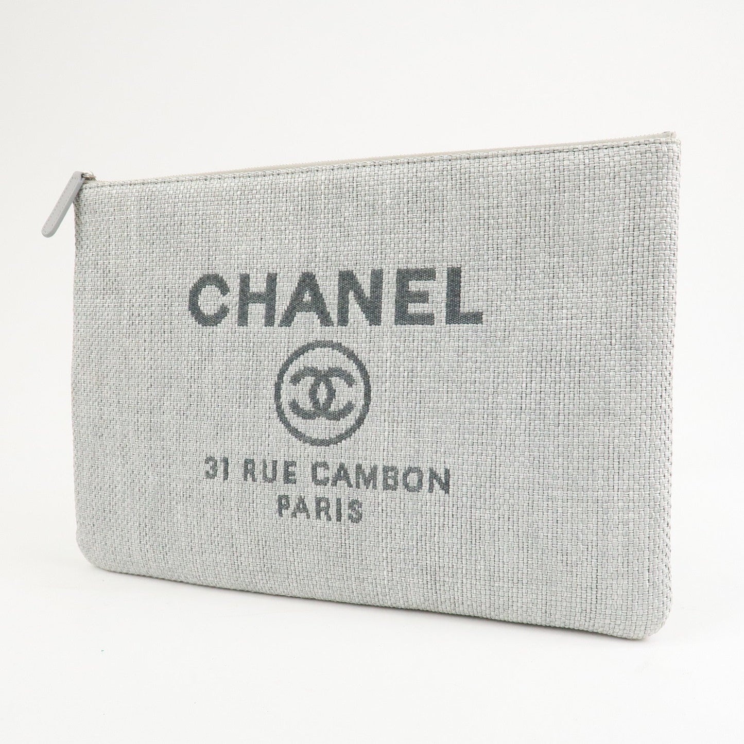 CHANEL Deauville Nylon Canvas Pouch Clutch Bag Light Gray A80118