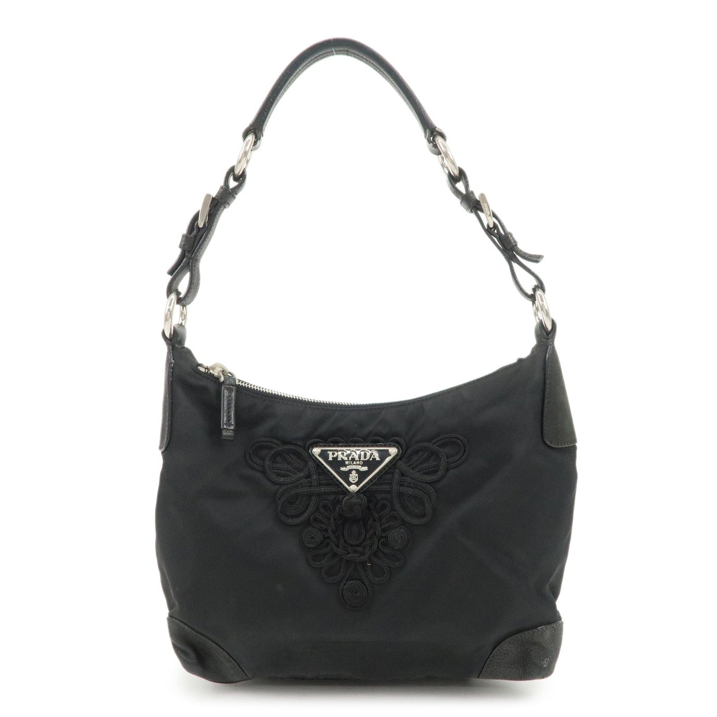 PRADA Triangle Logo Leather Nylon Shoulder Bag Hand Bag Black  d