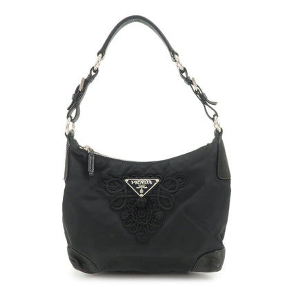 PRADA Triangle Logo Leather Nylon Shoulder Bag Hand Bag Black  d