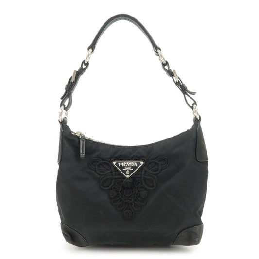 PRADA Triangle Logo Leather Nylon Shoulder Bag Hand Bag Black  d