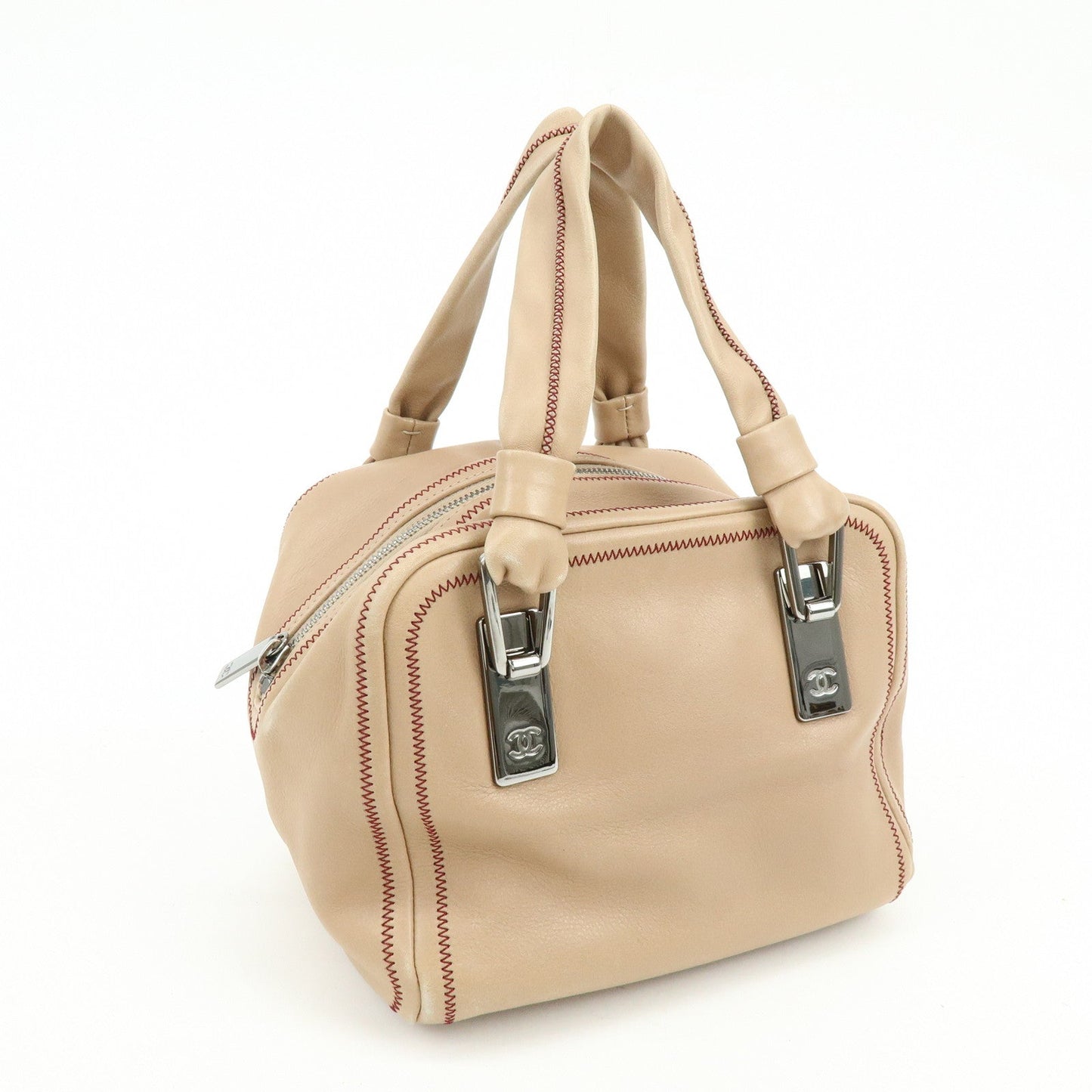 CHANEL COCO Mark Lamb Skin Hand Bag Pink Beige