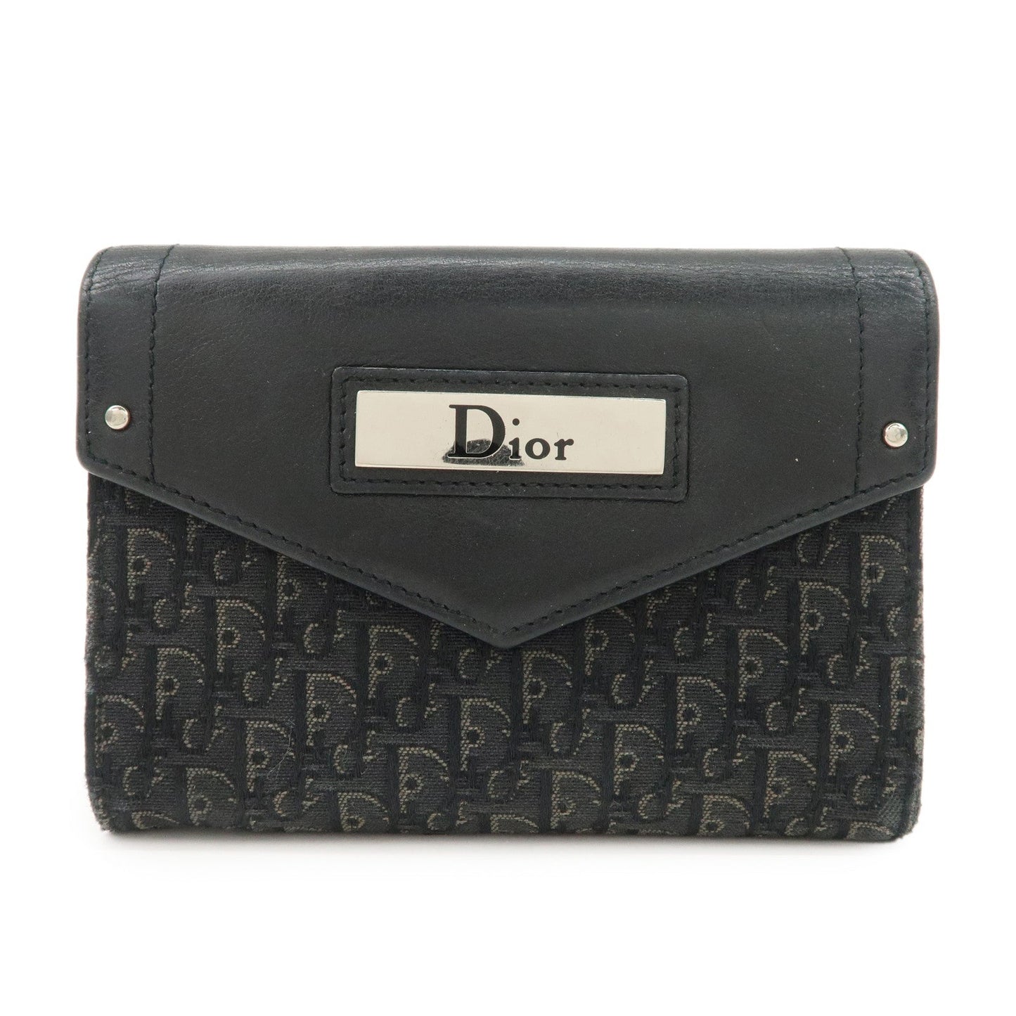 Christian Dior Trotter Leather Canvas Tri-Hold Wallet Black Silver