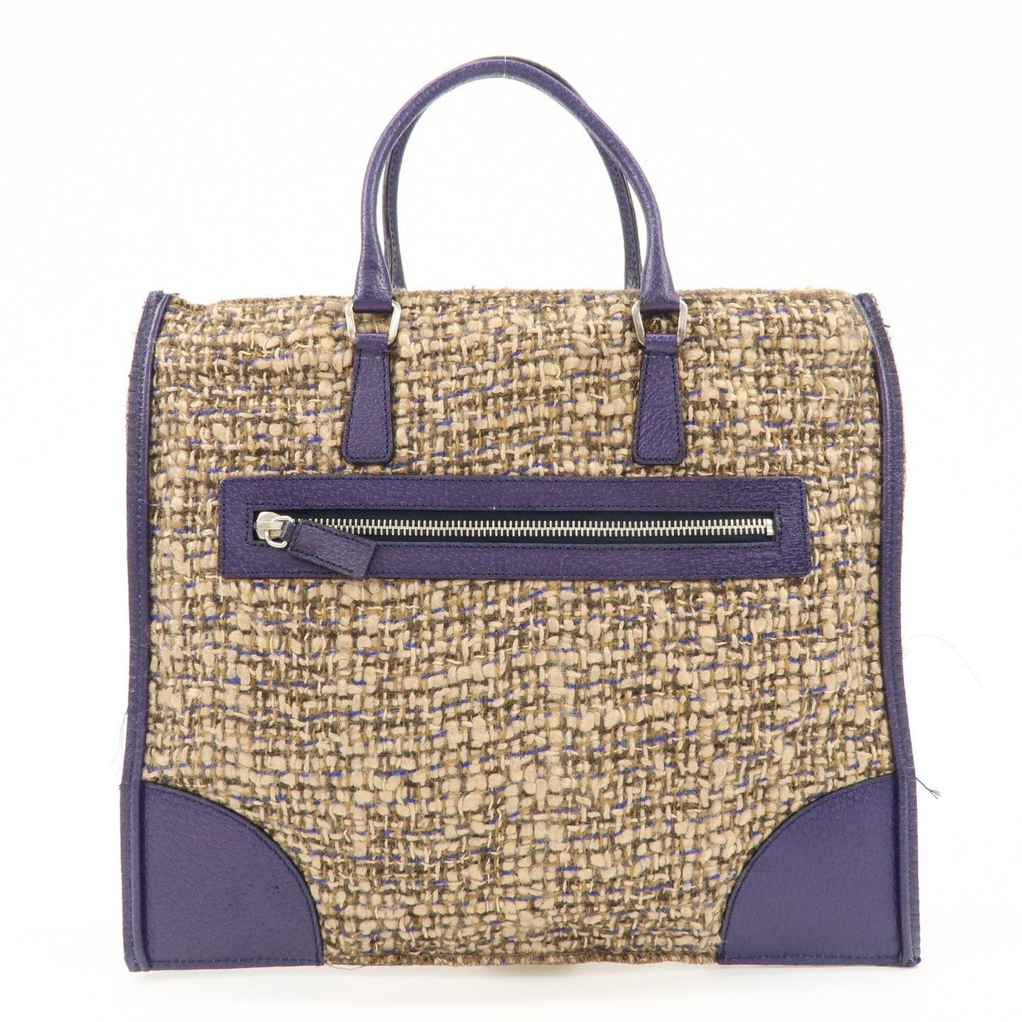 PRADA Triangle Logo Tweed Leather Tote Bag Purple Beige B11261  d