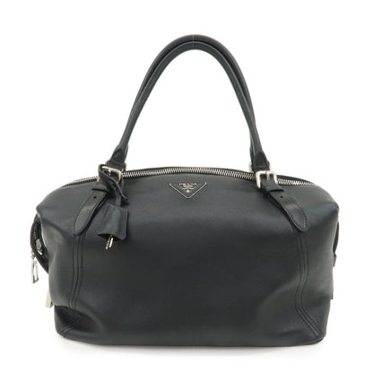 PRADA Triangle Logo Leather Boston Bag Shoulder Bag Black BR4998