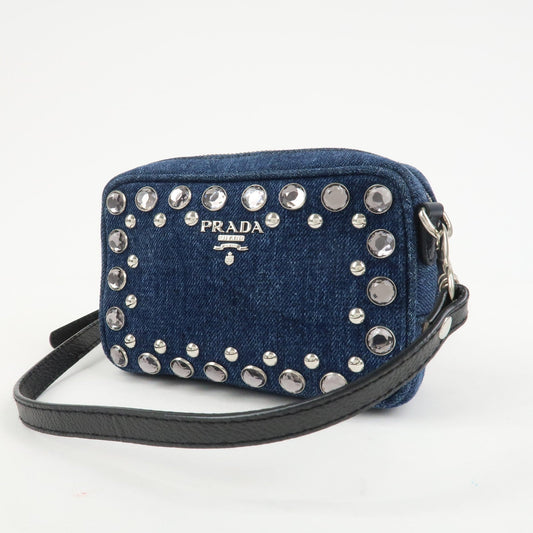 PRADA Logo Denim Leather Mini Shoulder Bag Camera Bag 1N1674