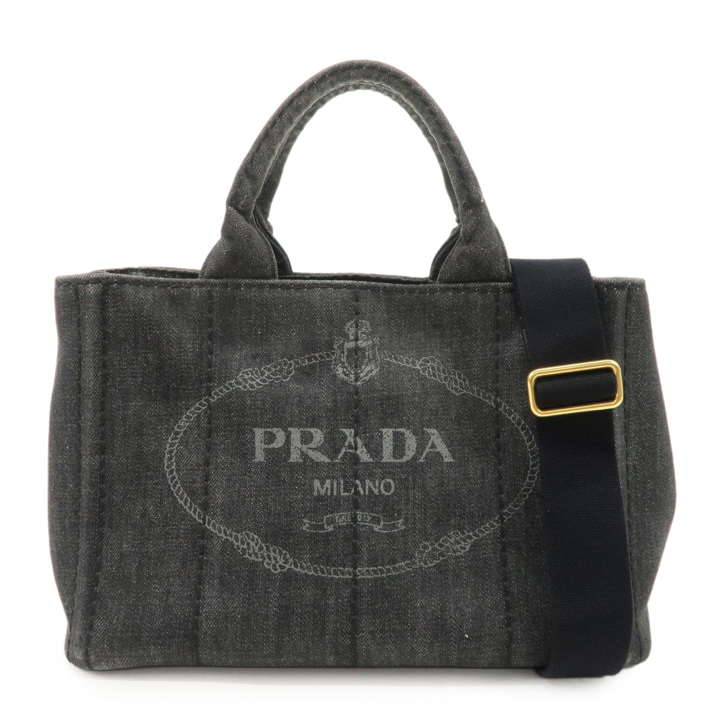 PRADA Logo Canapa Mini Denim 2Way Tote Bag Gray Gold HDW 1BG439  d