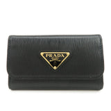 PRADA Triangle Logo Leather 6 Key Case Key Holder Black 1PG222