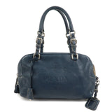PRADA Logo Leather Boston Bag Hand Bag Navy BR3091