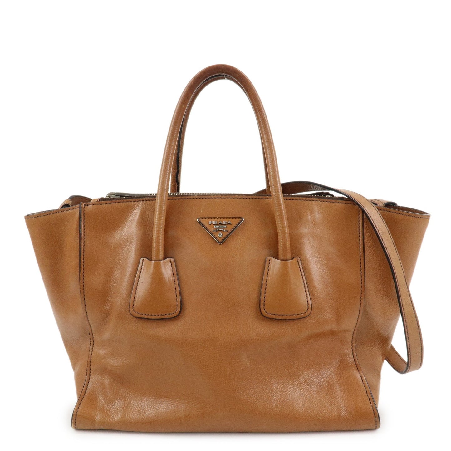 PRADA Triangle Logo Leather 2Way Hand Bag Shoulder Bag Brown BN2619