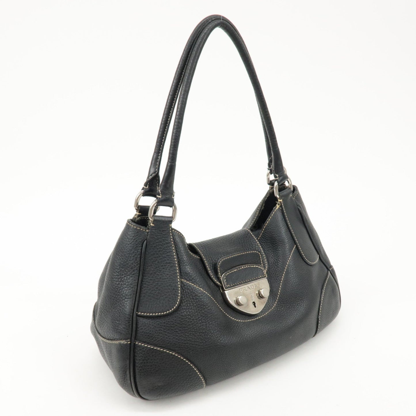 PRADA Logo Leather Shoulder Bag Hand Bag Black BR3593  d