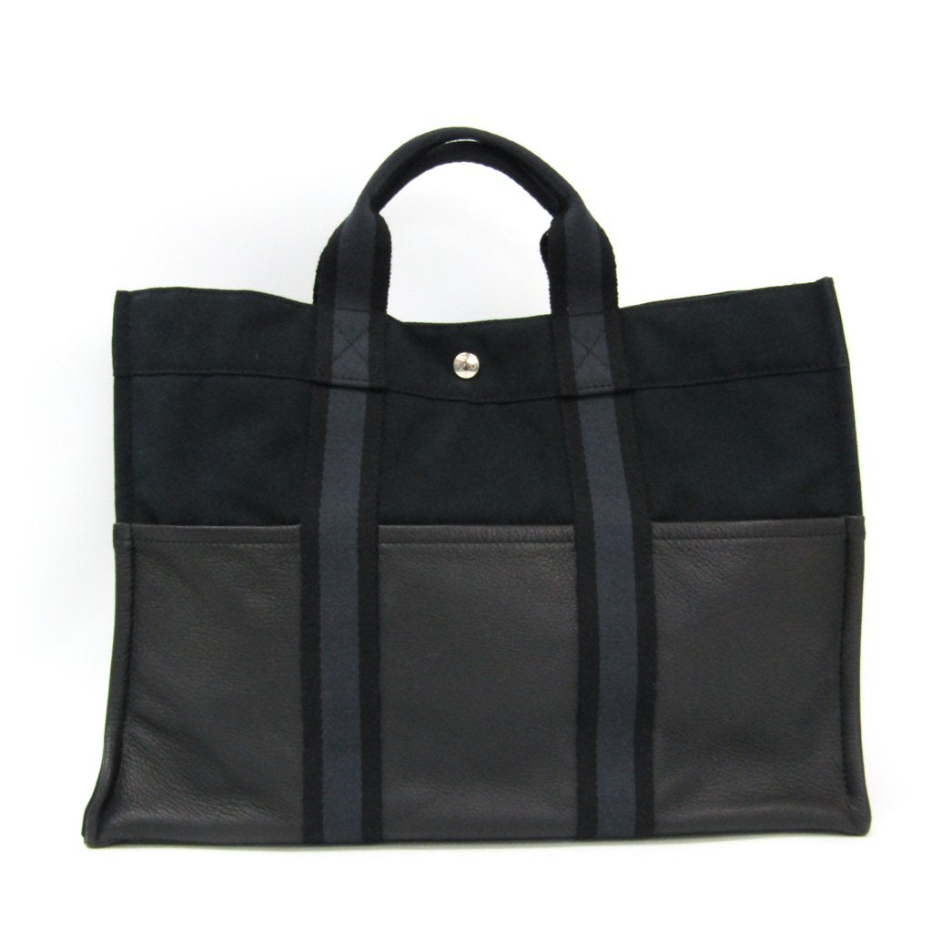 Luxury Hermes Black Canvas Gray Leather Fourre Tout MM Tote (SHA11473)