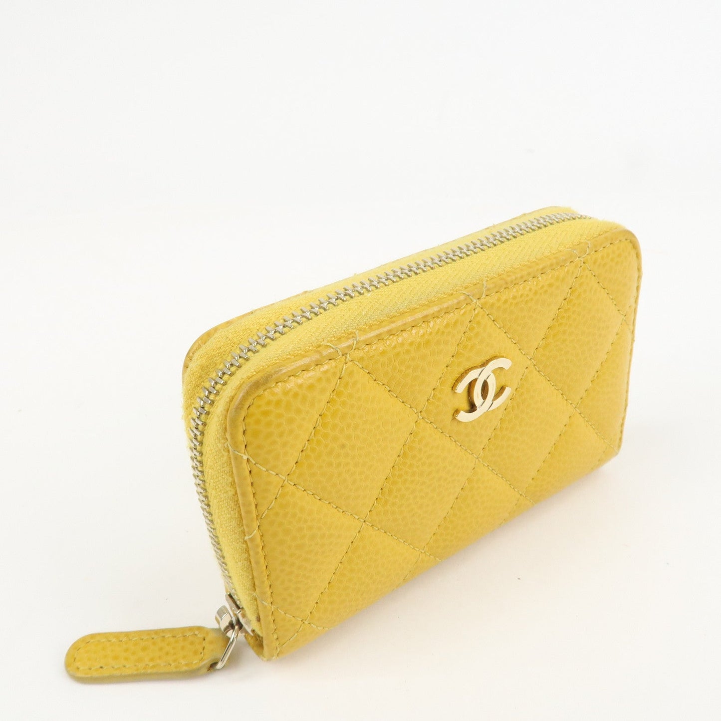 CHANEL Matelasse Caviar Skin Round Zippy Coin Case Yellow A84511  d