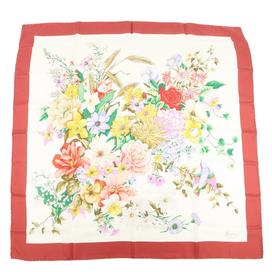 GUCCI Logo Silk 100??Scarf Red Flora Multicolor