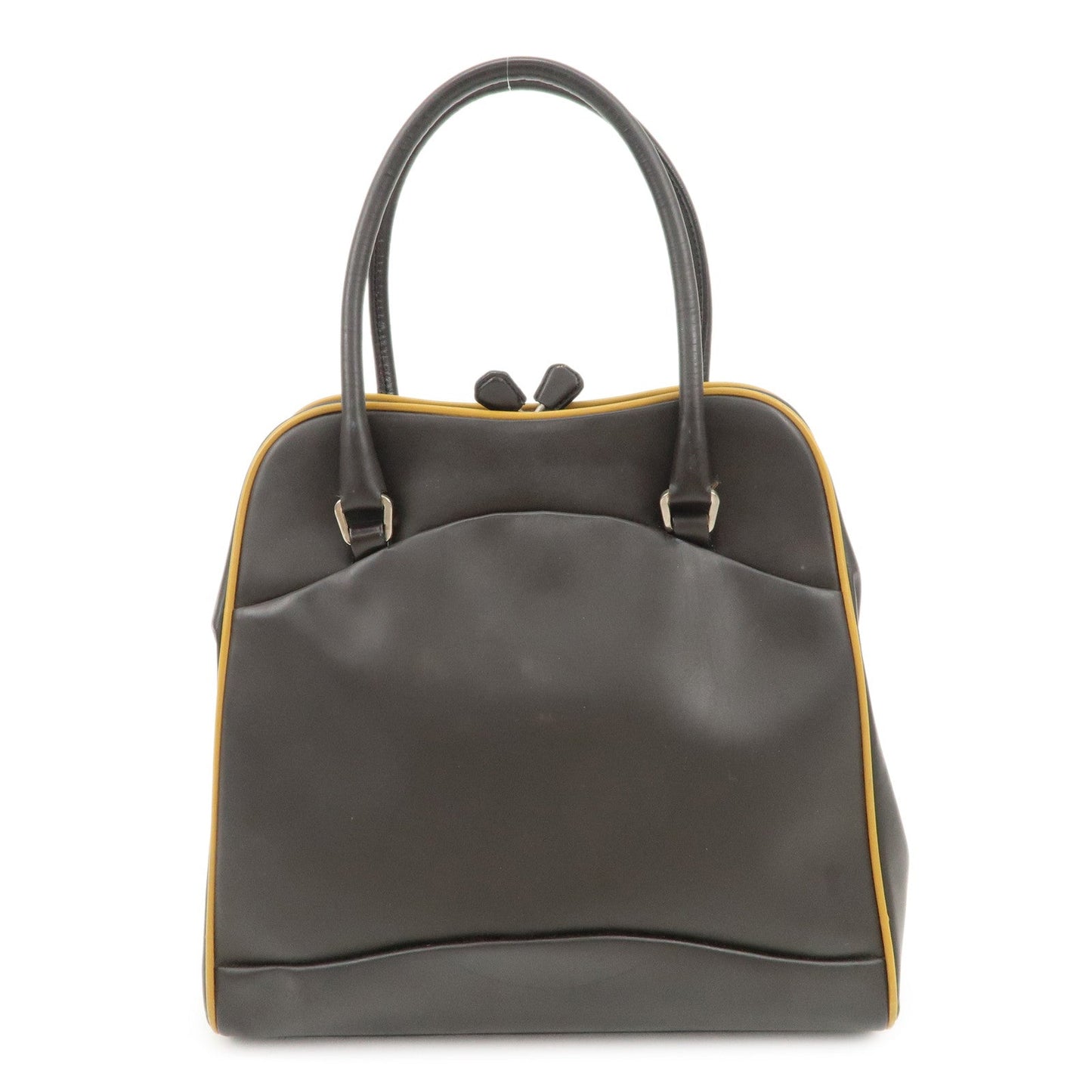 PRADA Triangle Logo Leather Tote Bag Hand Bag Beige Dark Brown  d