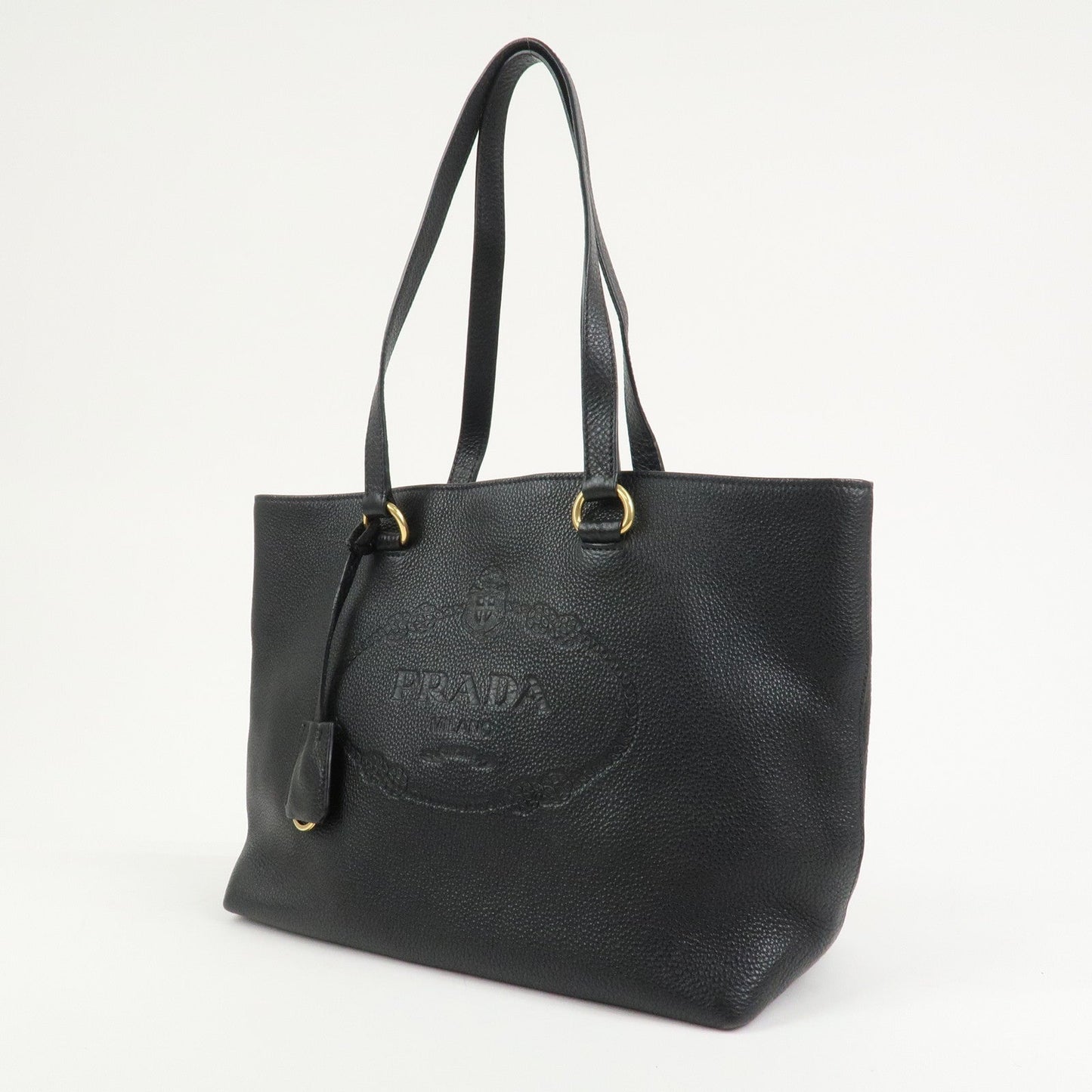 PRADA Logo Vitello Daino Leather Tote Bag Shoulder Bag Black 1BG100