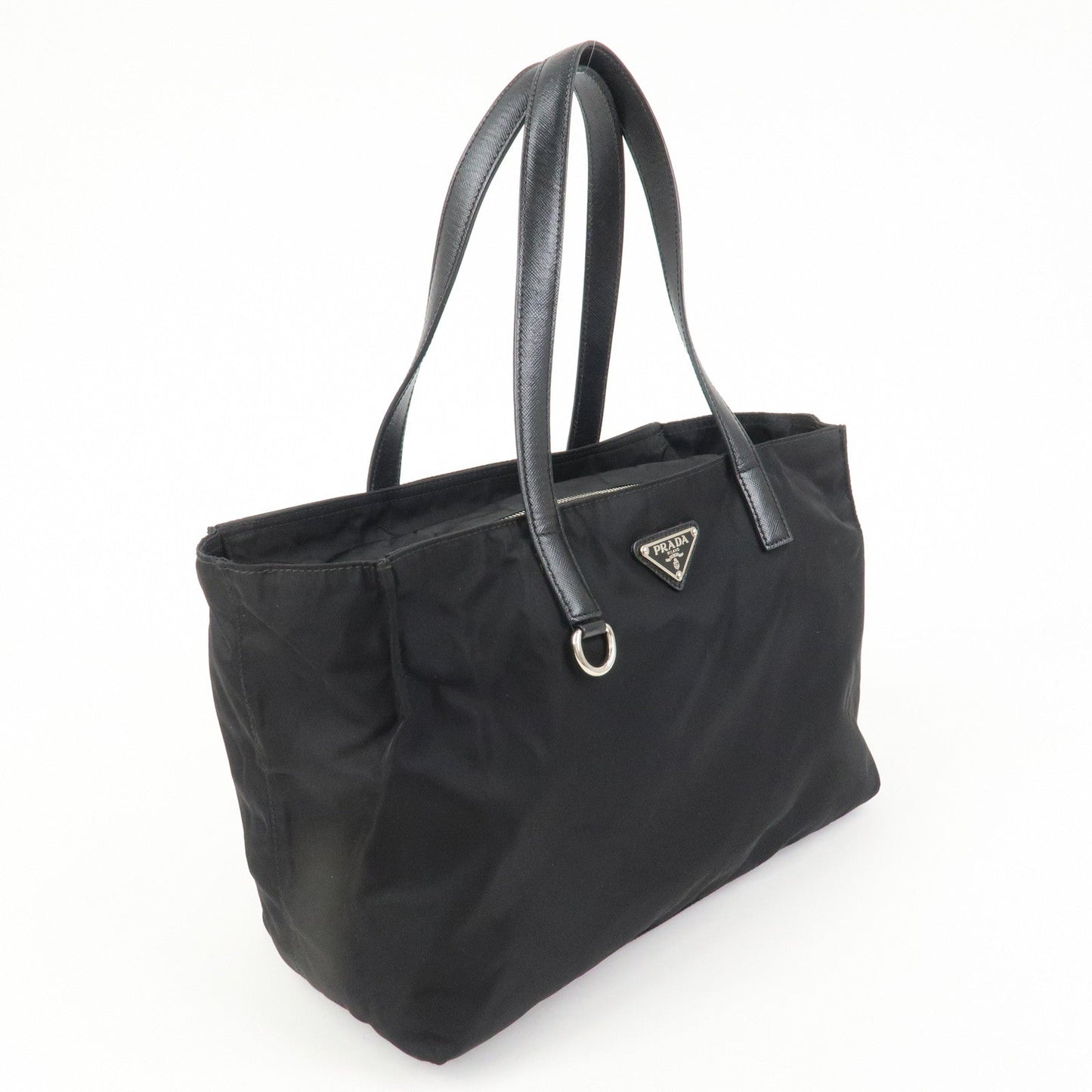 PRADA Triangle Logo Nylon Saffiano Leather Tote Shoulder Bag Black