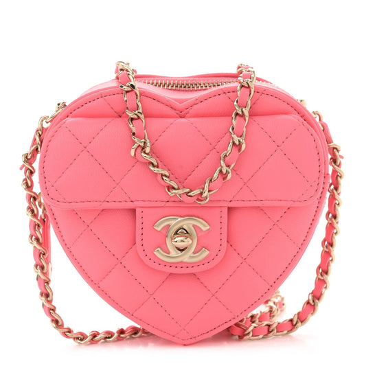 Amelia Lambskin Quilted CC In Love Heart Clutch With Chain Pink