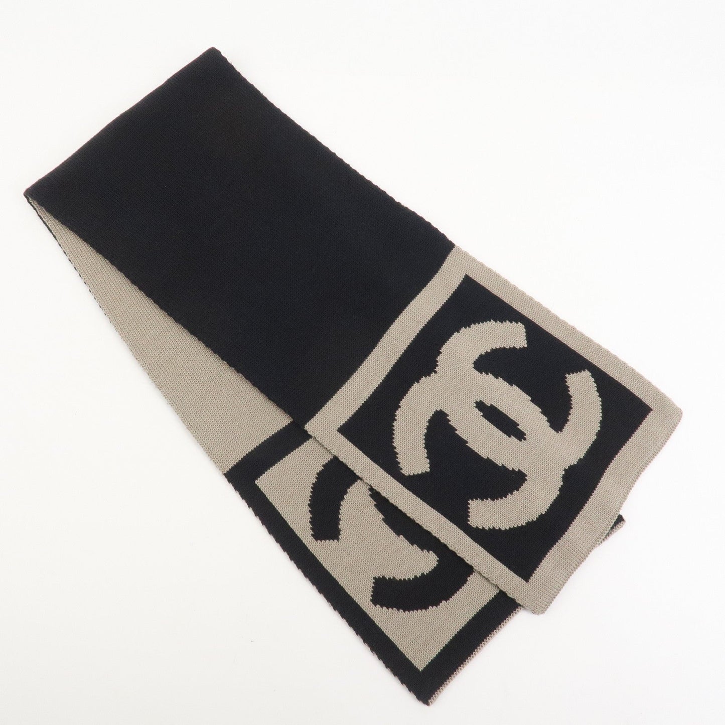 CHANEL COCO Mark Cashmere Wool Silk Scarf Black Brown