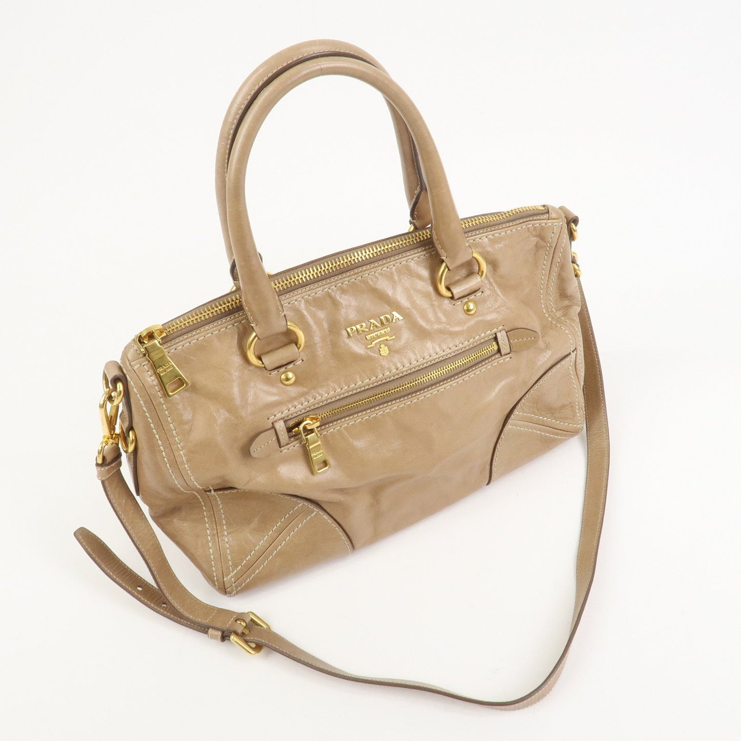 PRADA Leather 2Way Bag Hand Bag Shoulder Bag Light Brown BL0727