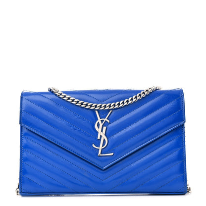 Saint Laurent Patent Grain De Poudre Matelasse Chevron Monogram Chain Wallet Blue Majorelle