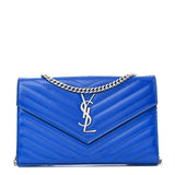 Saint Laurent Patent Grain De Poudre Matelasse Chevron Monogram Chain Wallet Blue Majorelle