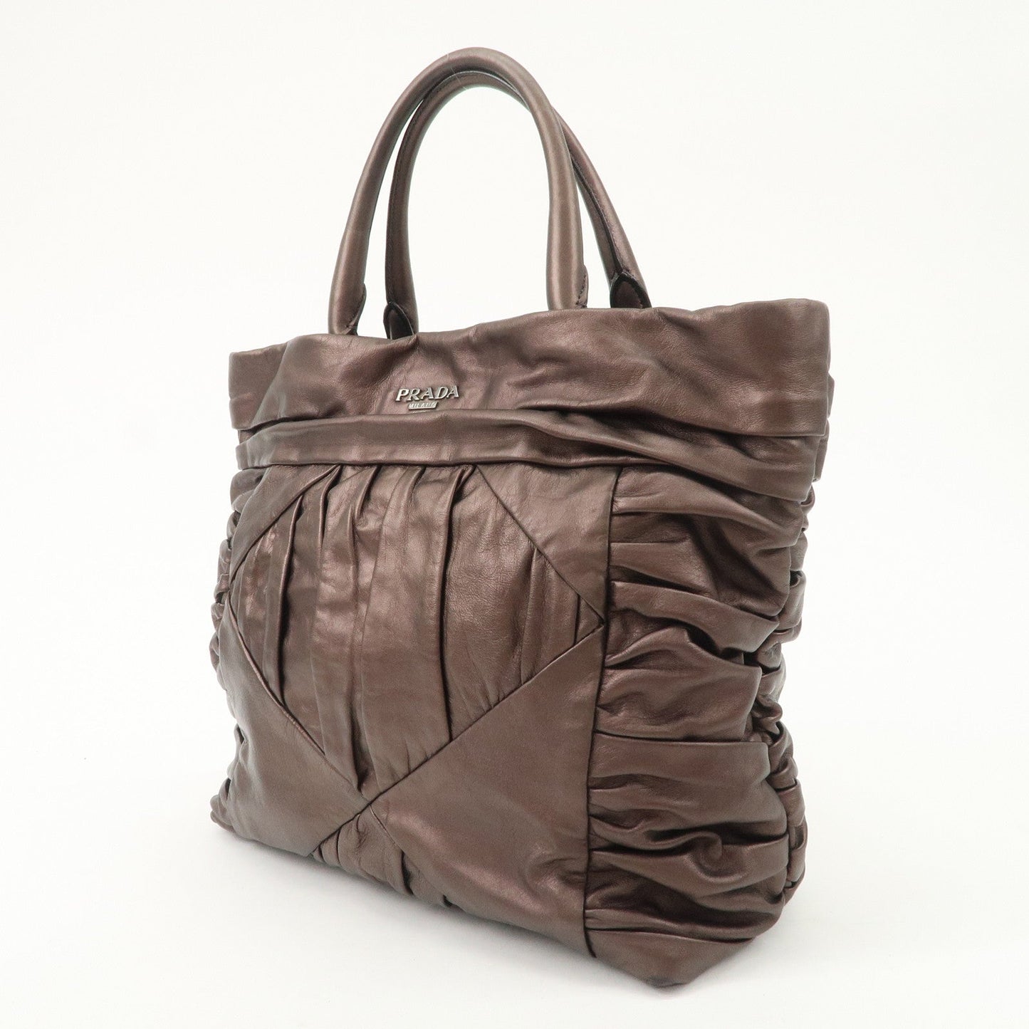 Prada Gathered Leather Tote Bag Hand Bag Bronze Silver HDW BN1719  d