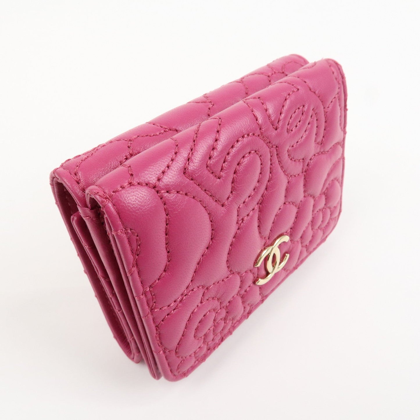 CHANEL COCO Mark Lamb Skin Tri-fold Compact Wallet Pink