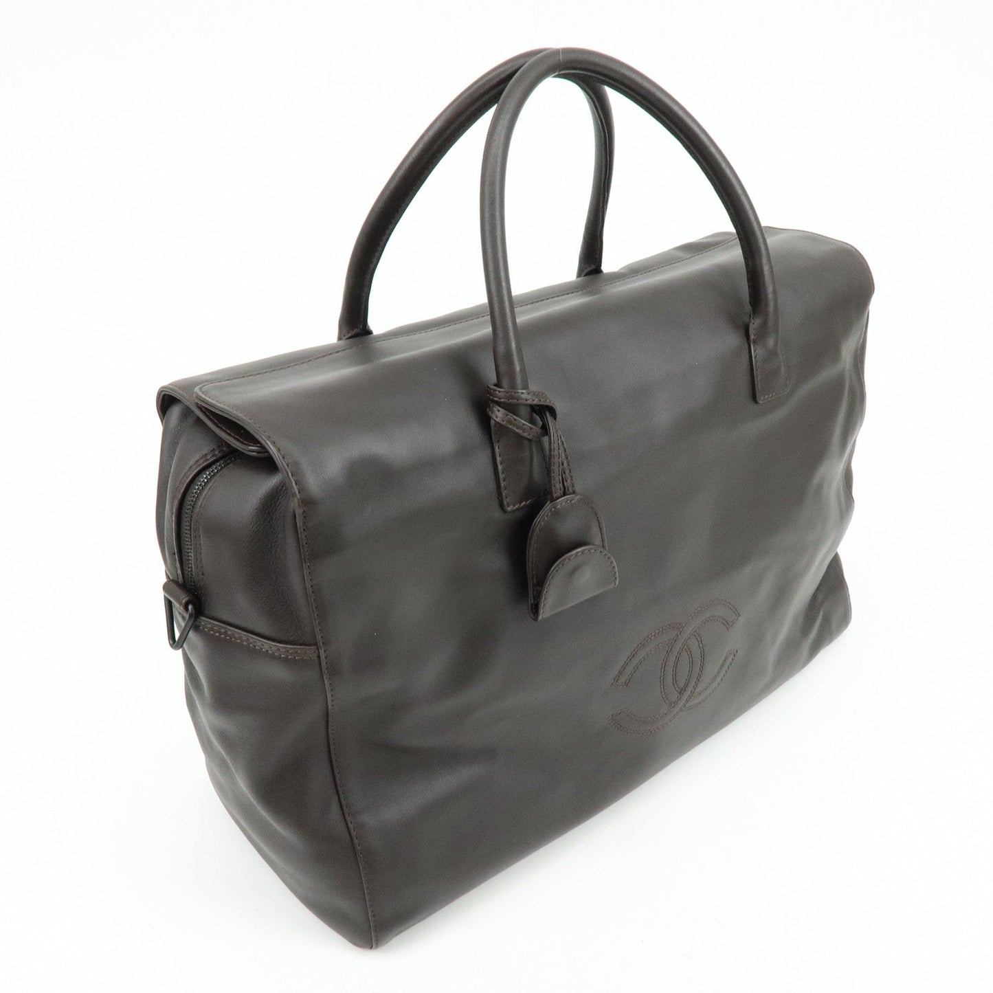 CHANEL COCO Mark Calf Skin Boston Bag Travel Bag Dark Brown