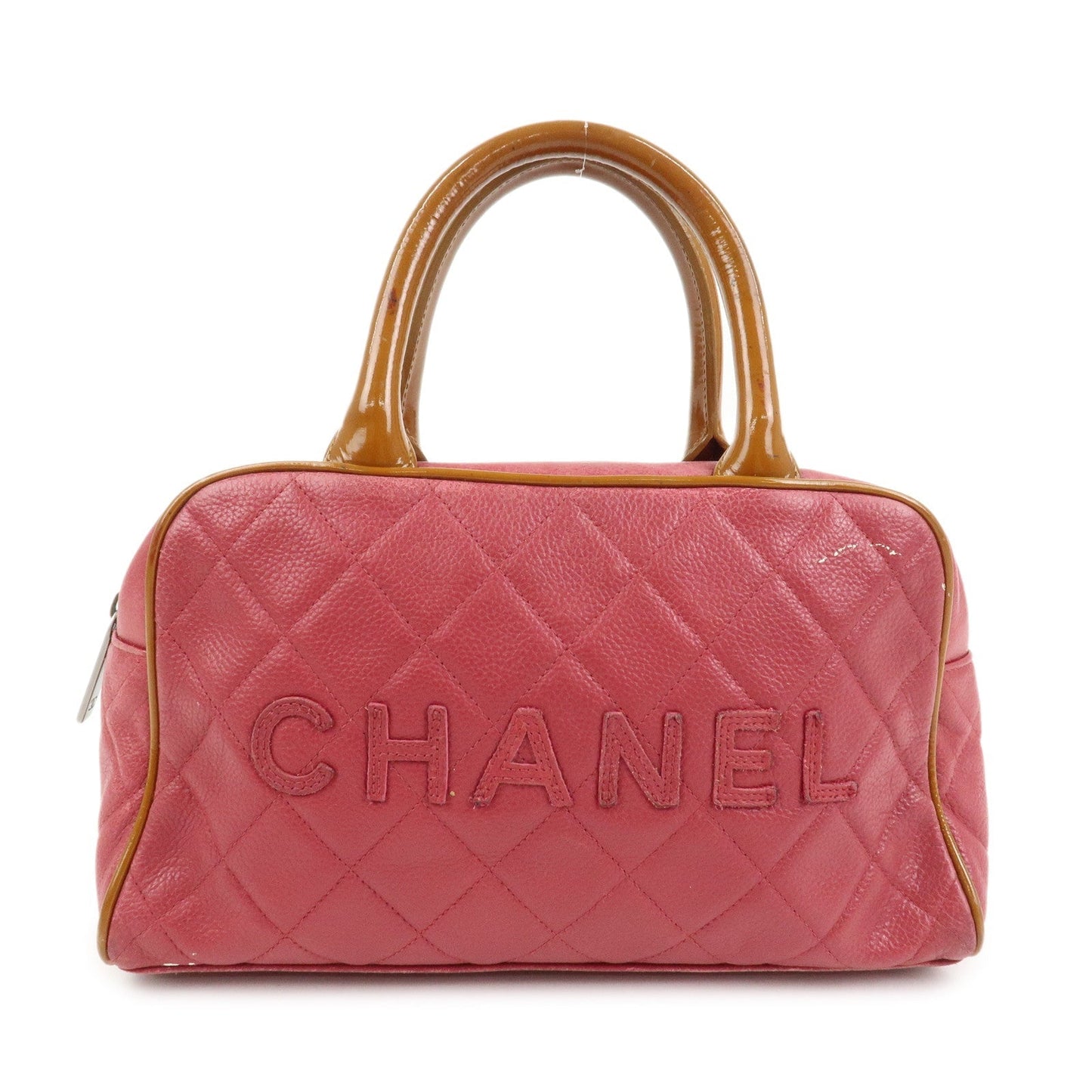 CHANEL Matelasse Leather Patent Leather Mini Boston Bag Pink Brown