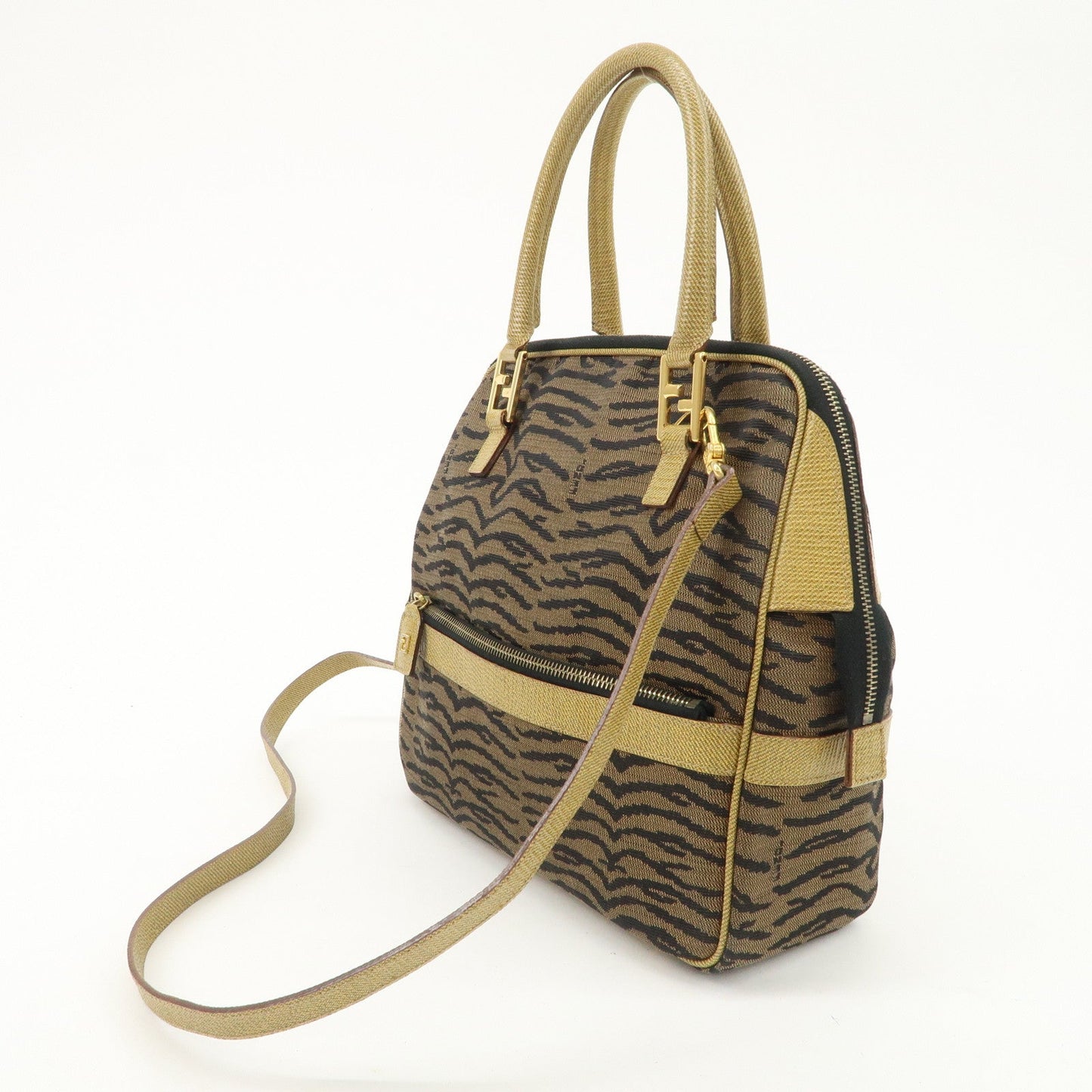 FENDI Leather Canvas 2Way Bag Hand Bag Zebra Print Black Brown  d