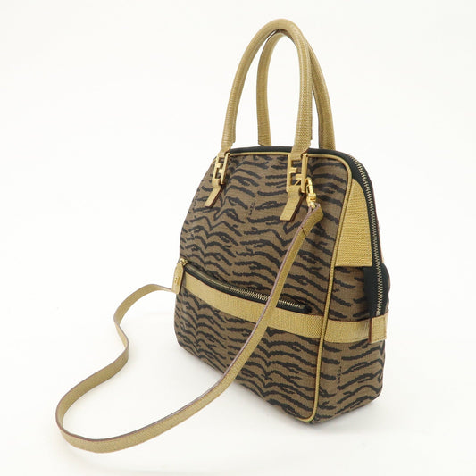 FENDI Leather Canvas 2Way Bag Hand Bag Zebra Print Black Brown  d