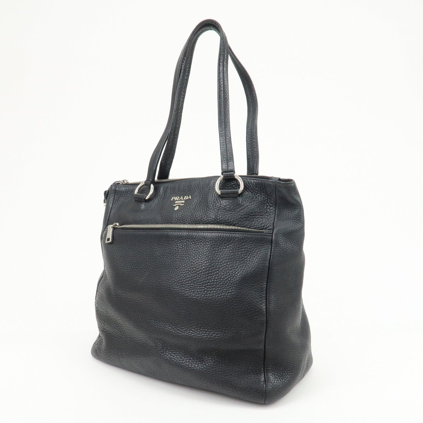 PRADA Logo Leather Shoulder Bag Hand Bag Tote Bag Black