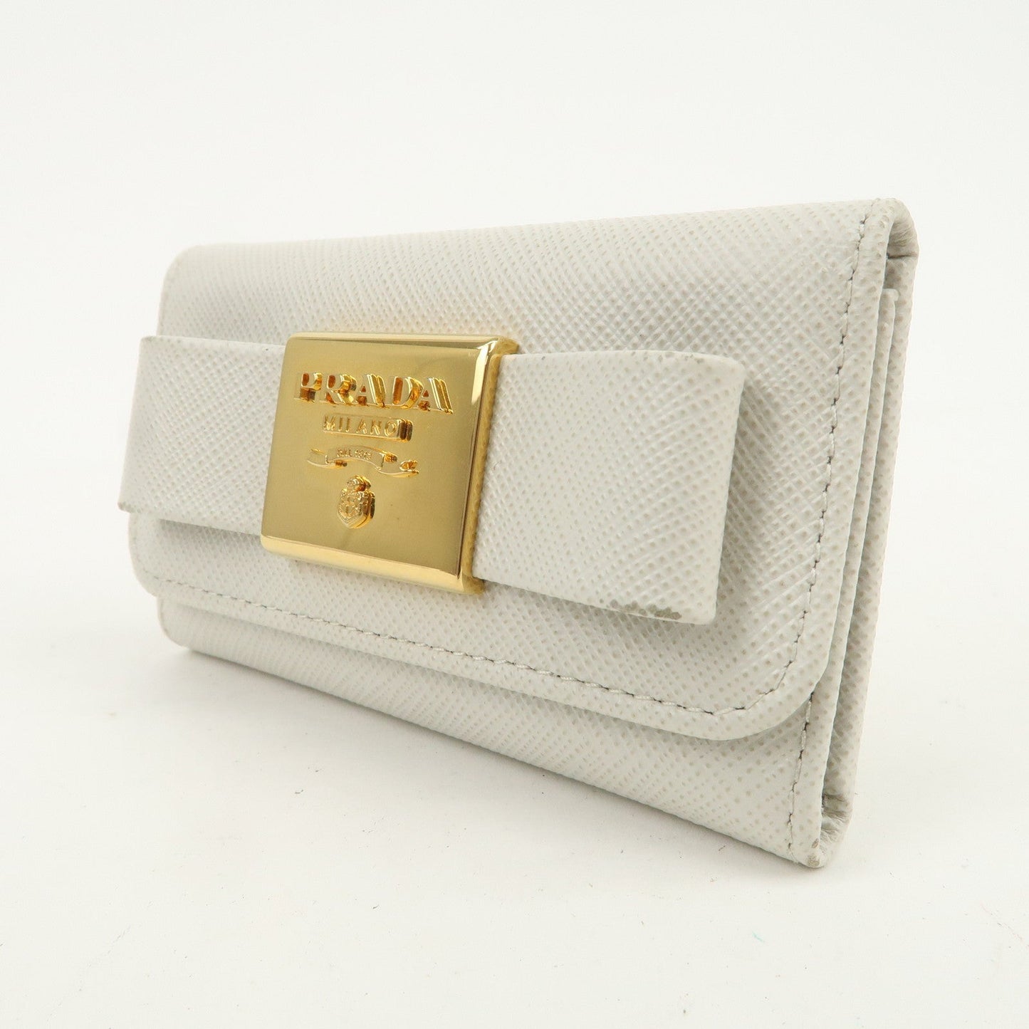 PRADA Ribbon Saffiano Leather Key Case Key Holder White